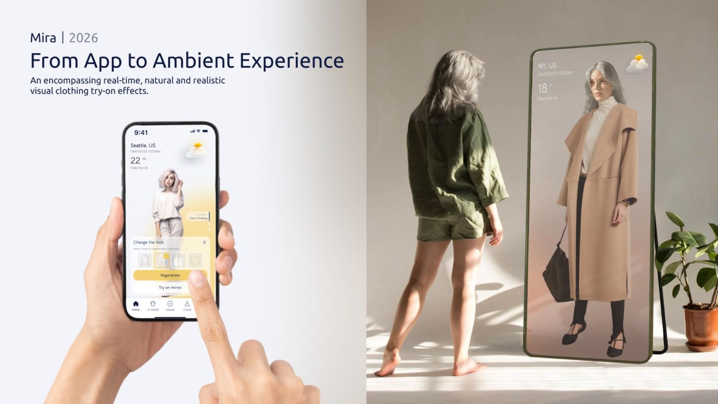 A hand holds a phone showing the Change the look panel next to a full length smart mirror where a woman sees herself in a camel coat, with the weather in the corner.