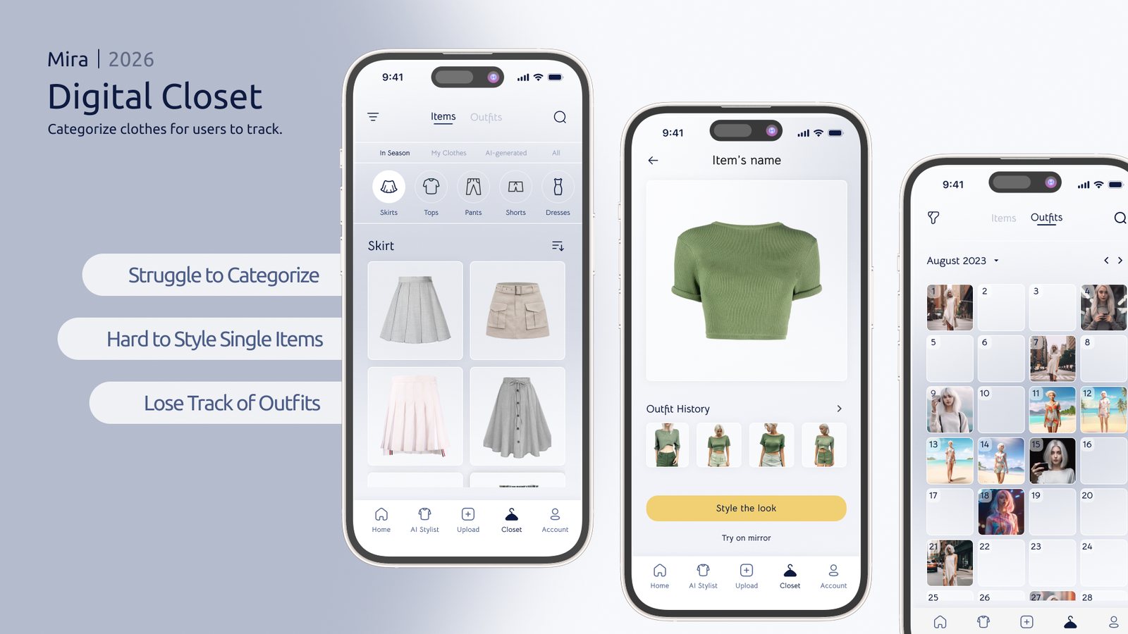 Three closet screens: a grid of skirts with category icons, a green top with its outfit history and a Style the look button, and a monthly outfit calendar filled with photos.
