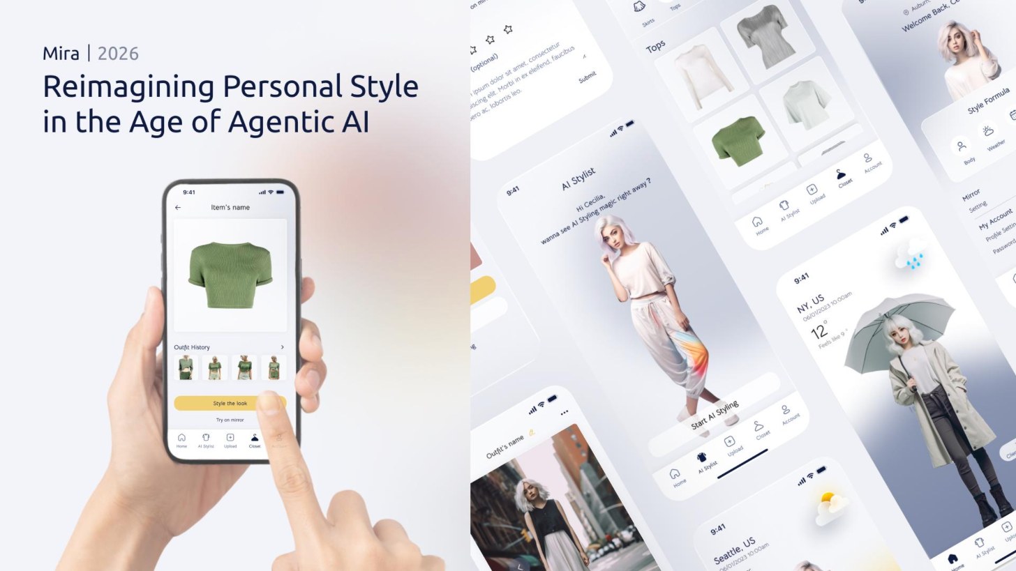 Mira cover: a hand holds a phone showing a green top and its outfit history, next to a spread of app screens for the AI stylist, the closet and weather based looks.