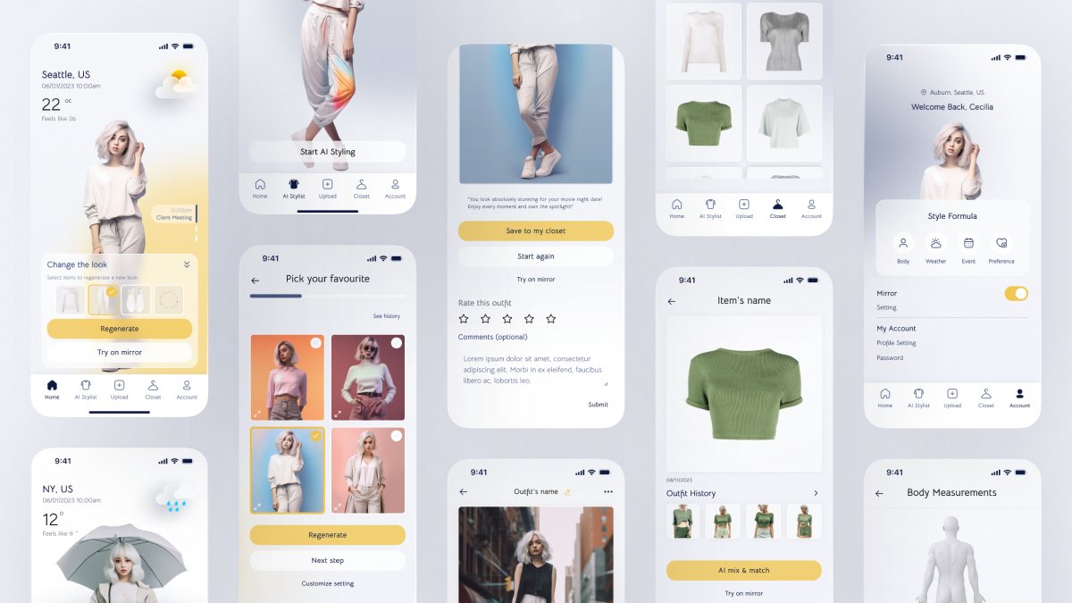 A grid of final Mira screens: home with Change the look, AI stylist, pick your favourite, outfit result with rating, closet tops, item detail with AI mix and match, account with style formula, and body measurements.