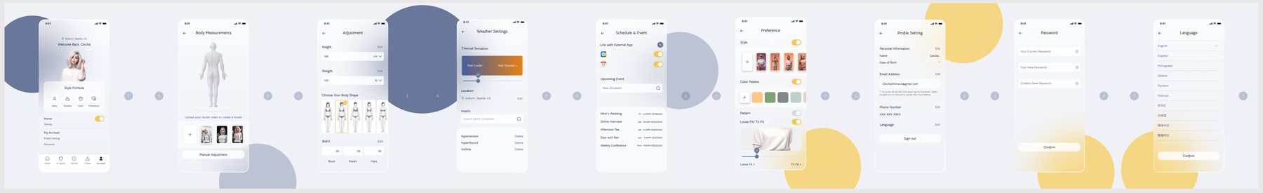 High fidelity settings flow: account home with style formula, body measurements with a 3D body, body shape adjustment, thermal sensation settings, schedule and event links, color and pattern preferences, profile, password and language.
