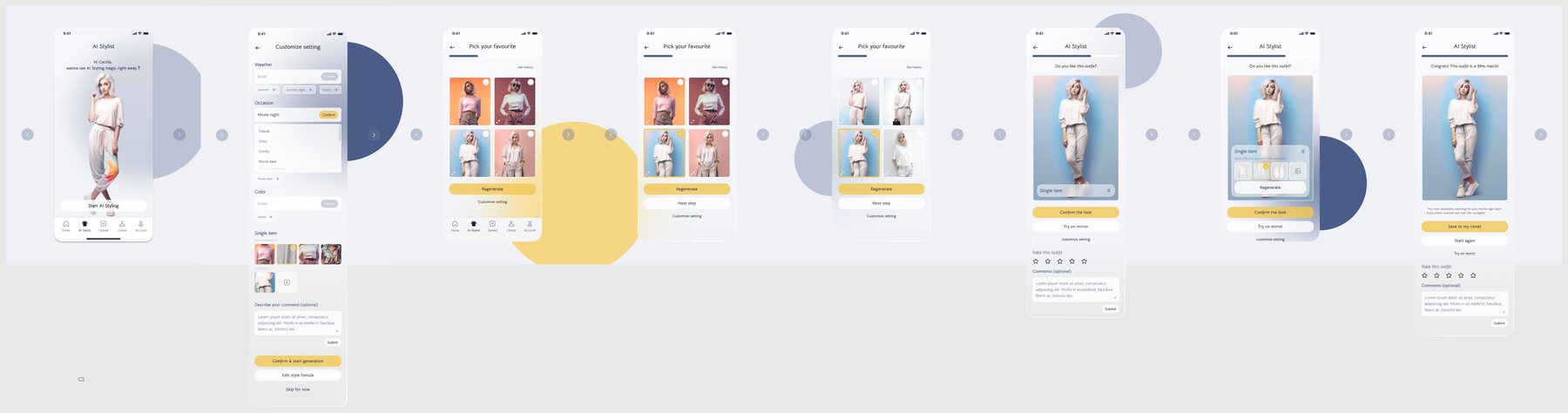 High fidelity AI stylist flow: start screen, customize setting, pick your favourite from four looks, select a look, outfit result with rating, and congratulations screen.