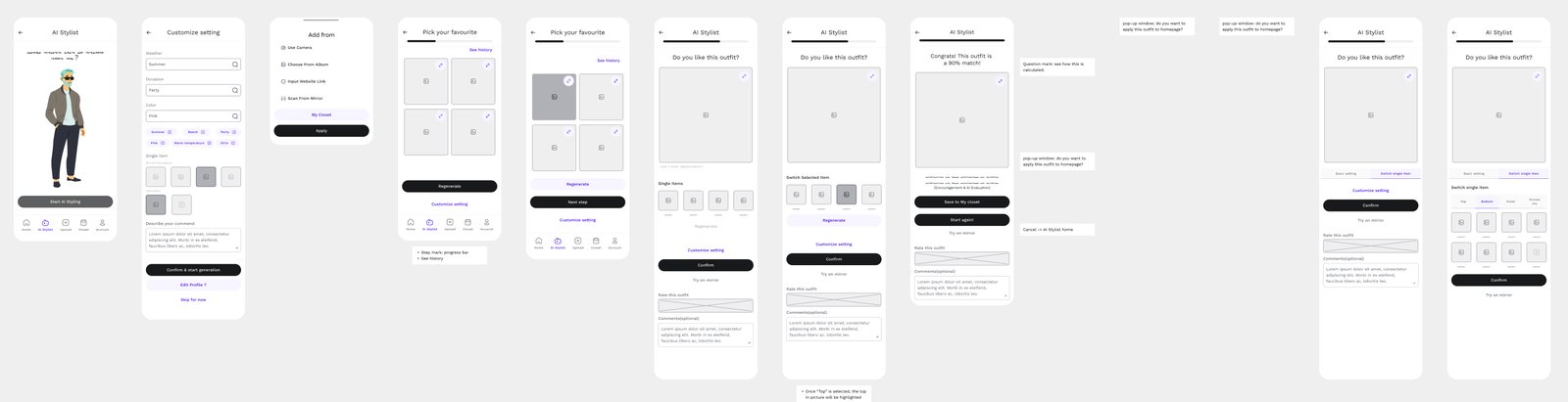 A row of low fidelity wireframes for the AI stylist: start screen, customize setting, add from, pick your favourite grid, outfit result with rating, and congratulations match screen.
