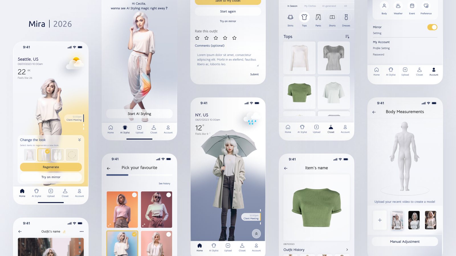 A spread of Mira screens: home, AI stylist welcome, outfit rating, closet tops, account settings with a mirror toggle, pick your favourite look, a rainy day home screen, an item detail, and body measurements with a 3D body model.