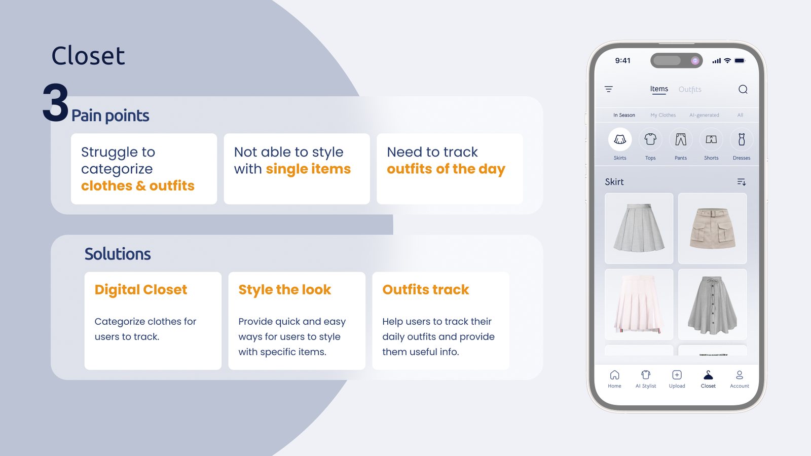 Closet slide: pain points of categorizing clothes, styling single items and tracking outfits, solutions of digital closet, style the look and outfits track, beside the closet screen.