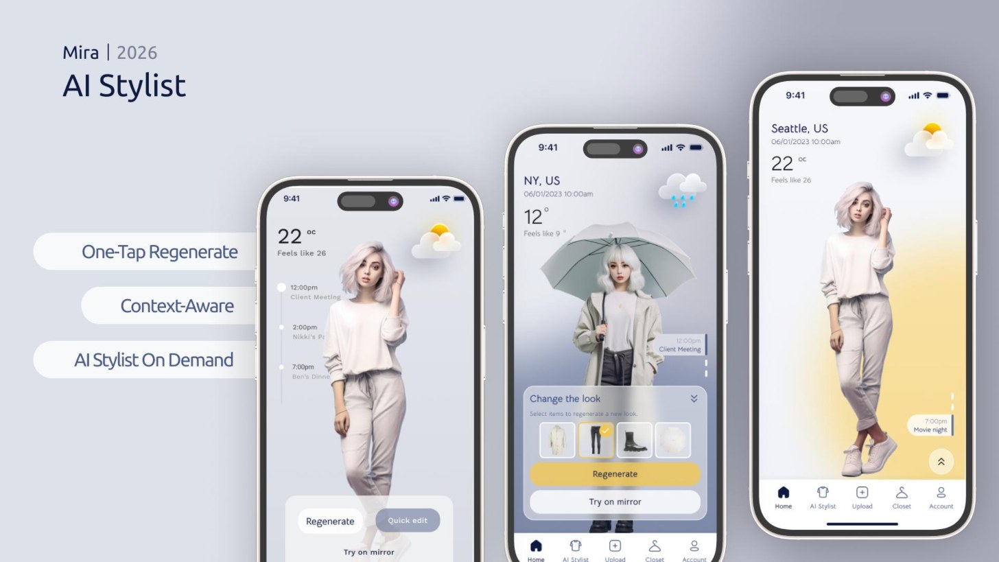 Three Mira home screens: one with the day's events, one in rainy New York with a trench coat and the Change the look panel, one in sunny Seattle with a movie night event.